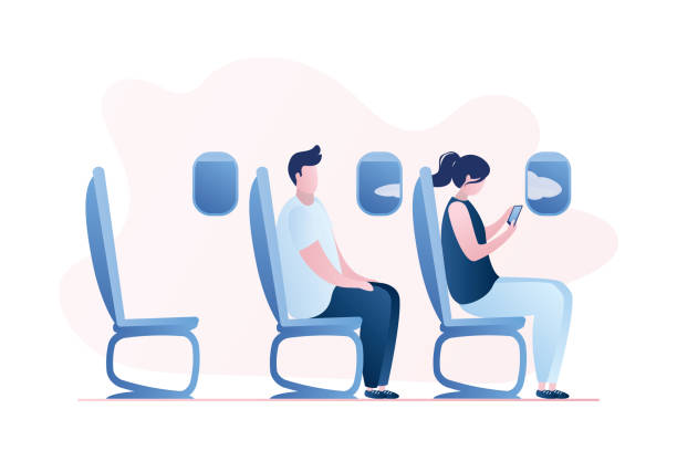 Young man and woman sitting in Airplane. Passengers in plane web page template. Young man and woman sitting in Airplane. Passengers in plane cabin web page template. Airline transportation service concept background. Travelers characters in trendy style. Cartoon vector illustration airplane seat stock illustrations