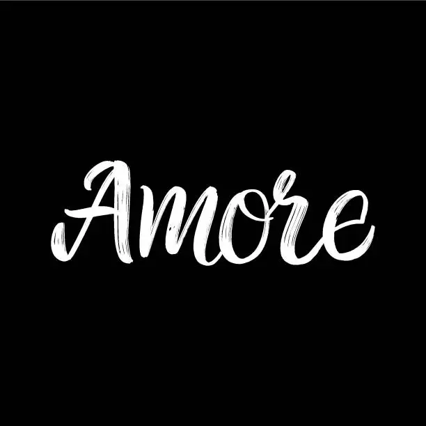 Vector illustration of Amore brush paint hand drawn lettering on black background. Love in italian language design templates for greeting cards, overlays, posters