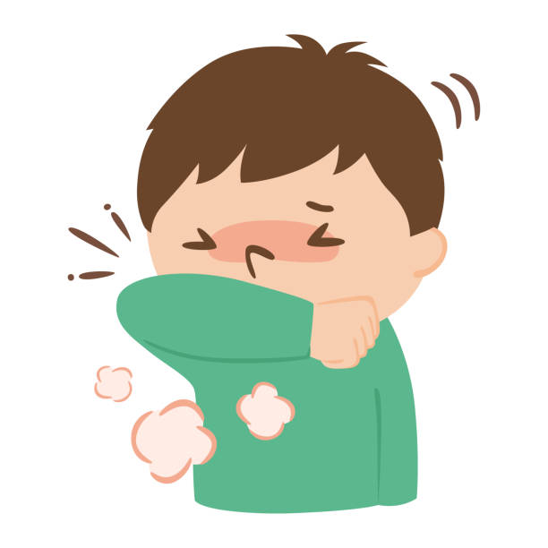 튀는 것을 방지하기 위해 팔로 기침하는 남자의 그림. - coughing virus bacterium sneezing stock illustrations