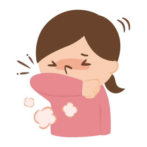 튀는 것을 방지하기 위해 팔로 기침하는 여성의 그림. - coughing virus bacterium sneezing stock illustrations