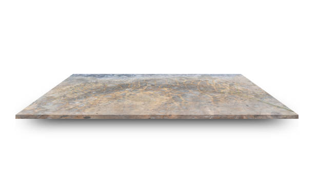 istock Empty concrete shelves table isolated on white background. For product display or design 1212472191