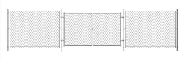 Vector illustration of Metal wire fence. Realistic steel chain fence and gate. Vector wire security prison fence with doors isolated on white background