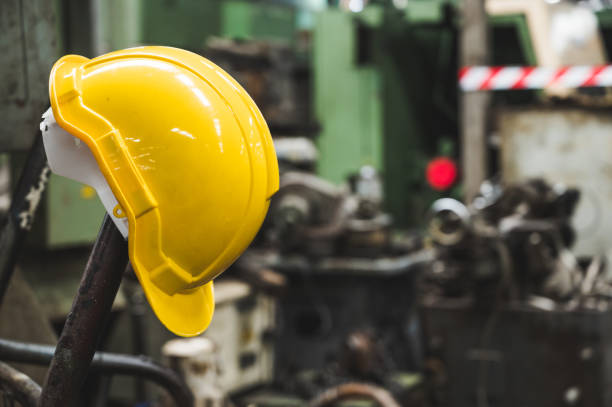 istock Safety helmets in the industrial. Warehouse worker hard hat. 1212474796