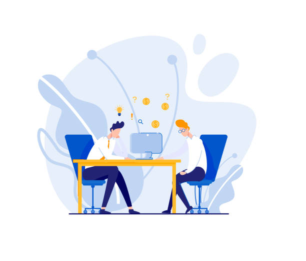 Colleagues, Trying to Find Solution to Problem Two Frustrated Colleagues, Desperately Searching for Way Out. Partners at Blind Alley, Going Bankrupt. Common Business Got Hard Aground. Team, Looking for Effective Financial Mechanism. office buddies stock illustrations