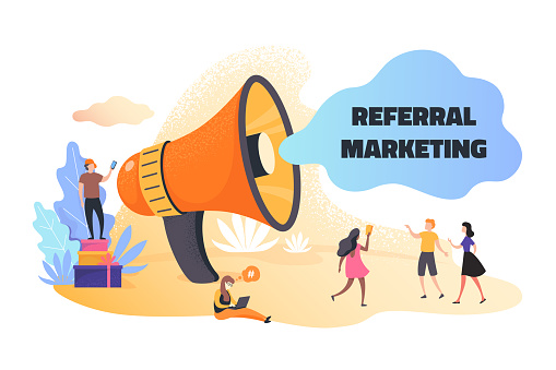 Referral marketing. Business announcement and advertising referral program concept, cartoon people promoting. Vector illustration marketing people communicate with crowd for advertisements teamwork