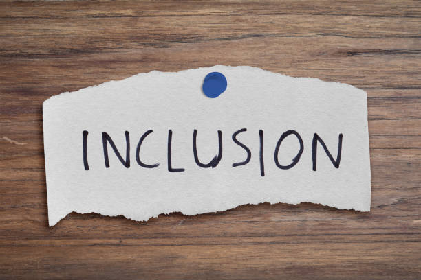 istock Inclusion word written on torn paper. Text on wooden table. 1212478277