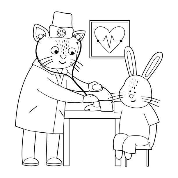 Bonito médico feliz com estojo de primeiros socorros. profissões de  pessoas. página do livro de colorir dos desenhos animados para crianças.
