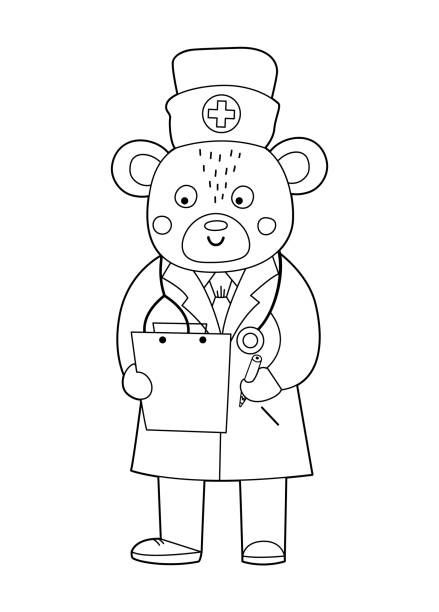 Vector outline bear doctor with stethoscope writing an anamnesis. Cute funny animal character. Medicine coloring page for children. Healthcare icon isolated on white background Vector outline bear doctor with stethoscope writing an anamnesis. Cute funny animal character. Medicine coloring page for children. Healthcare icon isolated on white background anamnesis stock illustrations