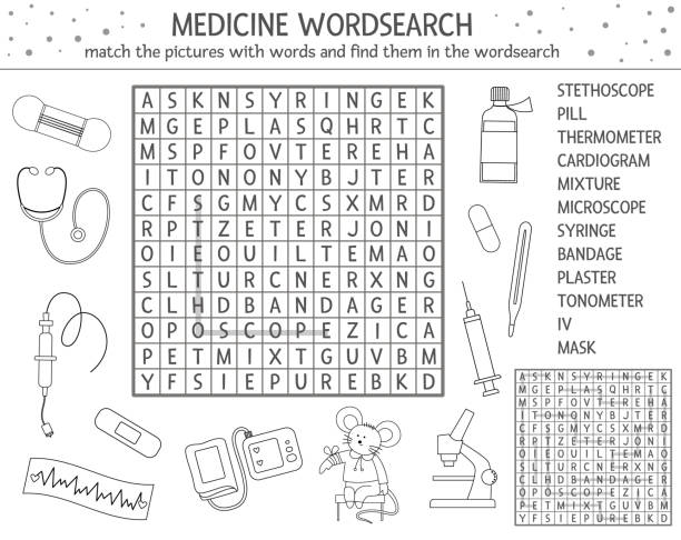 Vector health care outline wordsearch puzzle with pictures. Medicine quiz for children. Educational coloring page or crossword activity with cute medical equipment and doctor Vector health care outline wordsearch puzzle with pictures. Medicine quiz for children. Educational coloring page or crossword activity with cute medical equipment and doctor crossword puzzle drawing stock illustrations