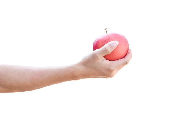 istock hand holding a red apple isolated on white background with clipping path. 1212479766