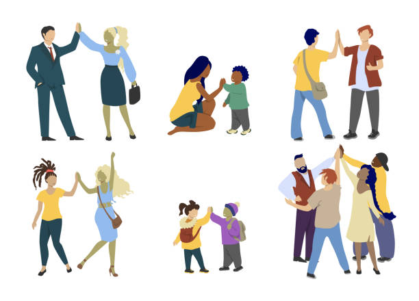ilustraciones, imágenes clip art, dibujos animados e iconos de stock de gente feliz dando alto gesto de cinco manos, vector plano ilustración aislada - choque de manos en el aire ilustraciones
