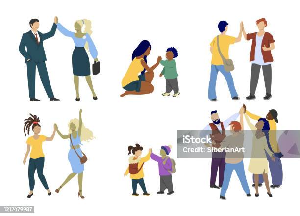 Ilustración de Gente Feliz Dando Alto Gesto De Cinco Manos Vector Plano Ilustración Aislada y más Vectores Libres de Derechos de Choque de manos en el aire