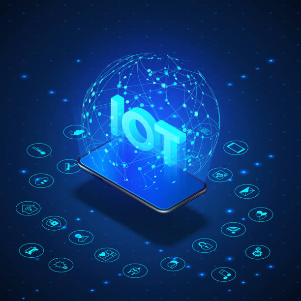 istock IOT concept. Internet of Things. Mobile phone monitoring and controls all smart system in house in blue color. Global network controlled by smartphone with icons set. Vector illustration 1212481551