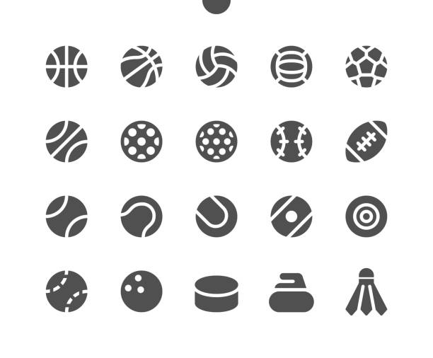 스포츠 공 ui 픽셀 완벽 한 잘 만들어진된 벡터 솔리드 아이콘 48x48 웹 그래픽 및 애플 리 케이 션에 대 한 24 x24 그리드에 대 한 준비. 간단한 최소한의 그림 - sport ball sphere competition stock illustrations