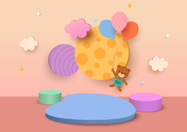 bear-balloons-3d-background Illustration vector 3D style of baby background design with cute bear and balloons with geometric shapes. construction platform illustrations stock illustrations
