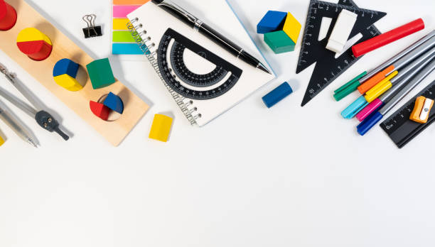 istock Math fractions tools and toys to learn for primary and elementary kids. Mathematics tools for learning basic math. Background presentation. 1212483413
