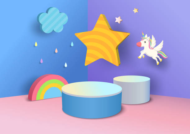 rainbow-3d-background-2 Illustration  vector podium decorated with rainbow, cloud, star and unicorn design to 3d style background for kids construction platform illustrations stock illustrations
