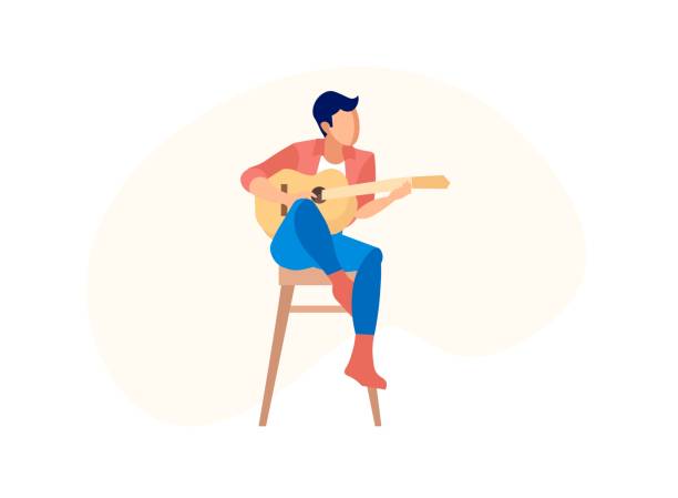 illustrations, cliparts, dessins animés et icônes de homme jouant la guitare acoustique s’asseyant sur la chaise élevée - musical instrument people music young adult