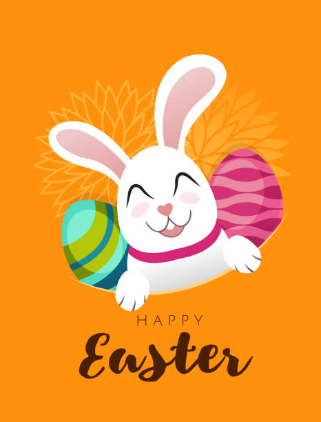 ilustrações de stock, clip art, desenhos animados e ícones de vector greeting banner with white easter rabbit with long ears and colored eggs isolated in orange background. funny bunny with easter egg cartoon. easter bunny. egg hunt. happy easter lettering - color image colored background easter animal body part