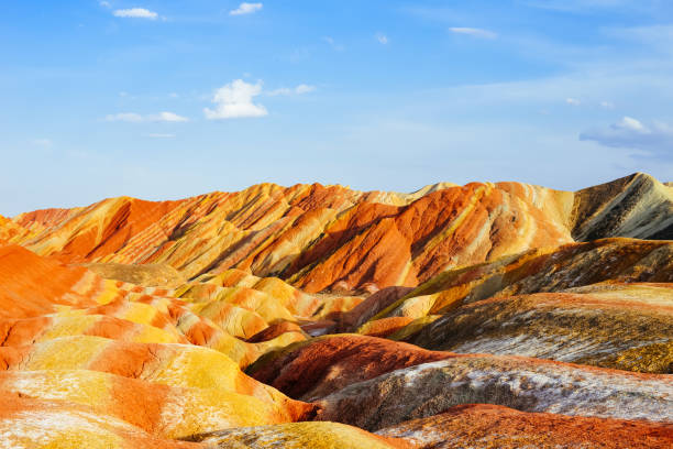 Beautiful scenic view of Danxia land form Typical Danxia land form in Zhangye Danxia Geological Park, Zhangye, Gansu, China danxia landform stock pictures, royalty-free photos & images