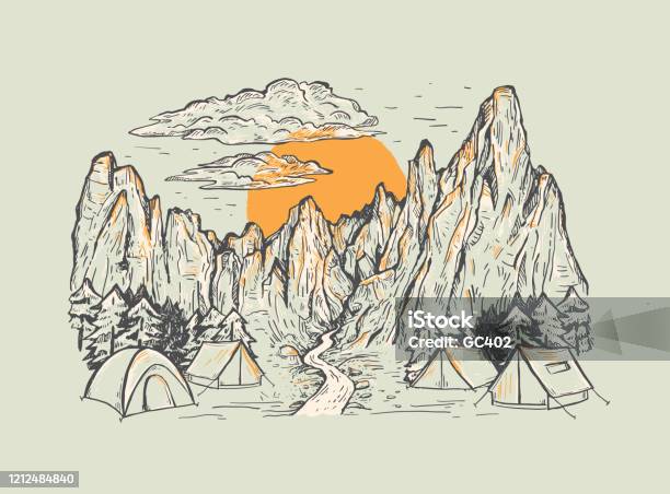 Hand Drawn Color Vector Illustration Of A Mountains With Forest River Tens  Sunrise Or Sunset Stock Illustration - Download Image Now - iStock