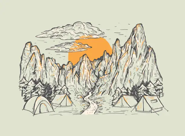 Vector illustration of Hand drawn color vector illustration of a mountains with forest, river, tens, sunrise or sunset.