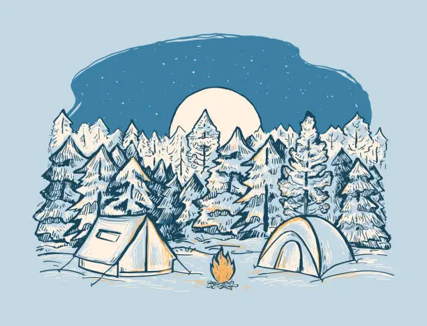 Vector illustration of Sketch of a mountains, tents, bonfire and forest under night sky with moon.