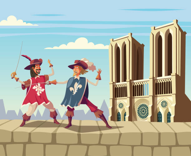 ilustrações de stock, clip art, desenhos animados e ícones de musketeers fighting on paris city wall and notre dame cathedral in background - cathedral architecture old church