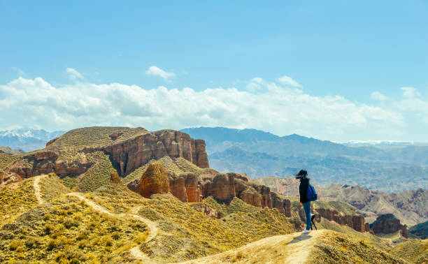 istock Young girl stands on mountain top 1212490567