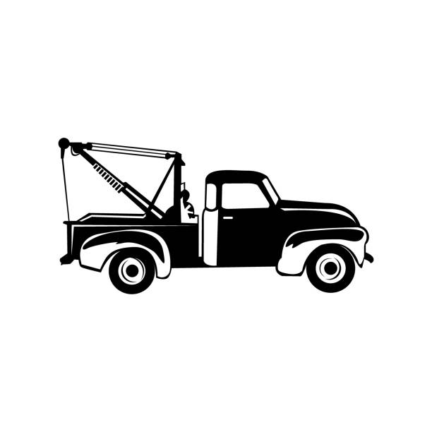 ilustrações, clipart, desenhos animados e ícones de silhueta preta de caminhão destruidor com carro quebrado - truck semi truck pick up truck car transporter