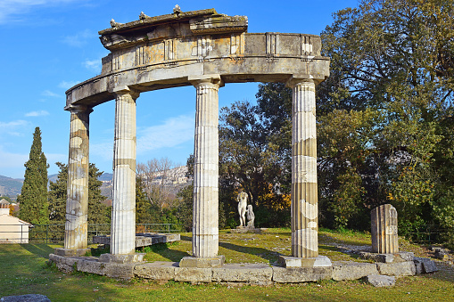 picturesque ancient ruins of round temple (temple of Venus) in Villa Adriana (Hadrian's Villa) in Tivoli, neighborhood of Rome, Italy