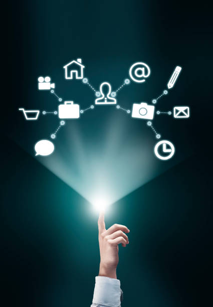 istock Hand touch holograma concept . Digital media access . Futuristic data transfer. 1212498780
