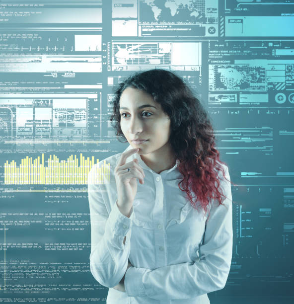 istock Woman analyze futuristic user interface . High tech screens data and information . 1212498870