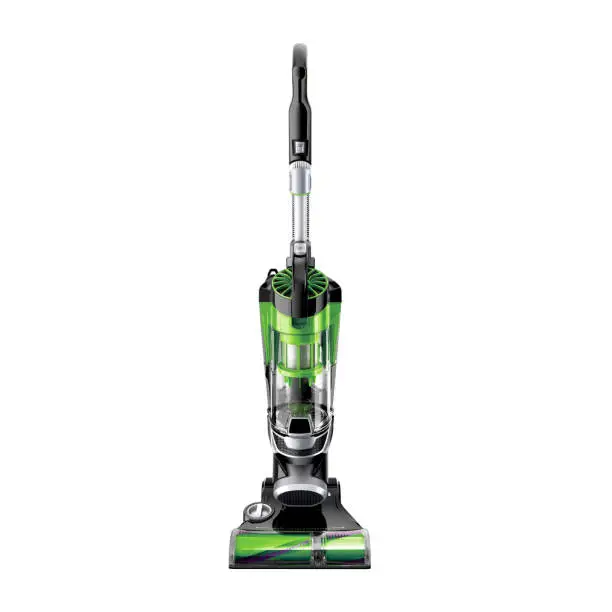Photo of Bagless Upright Vacuum Cleaner Isolated on White Background. Black and Green Hoover. House Cleaning Equipment Tool. Electric Domestic Major Appliances. Household and Home Appliance