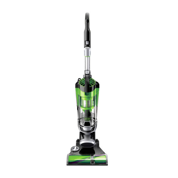 bagless upright vacuum cleaner isolated on white background. black and green hoover. house cleaning equipment tool. electric domestic major appliances. household and home appliance - vacuum cleaner imagens e fotografias de stock