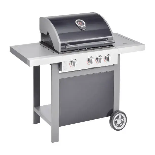 BBQ Grill with Side Burners Isolated on White Background. Charcoal Kettle Barbecue Grill Front View. Portable Black and Stainless Steel BBQ Grillware Stove. Outdoor Cooking Station