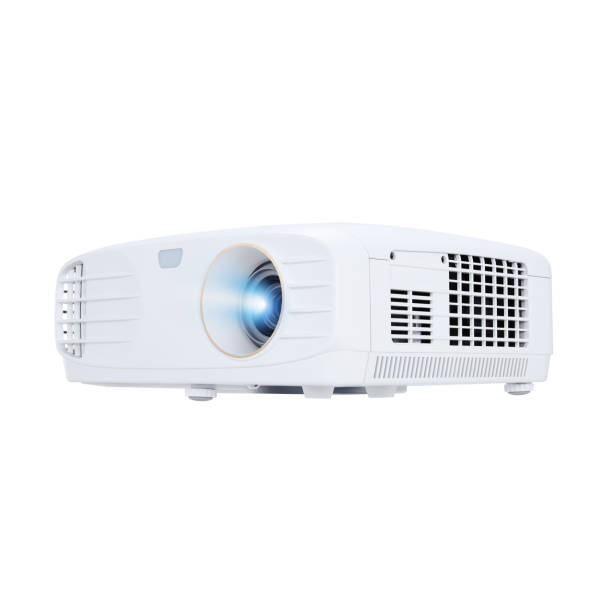 Home Projector Isolated on White Background. Front View of Compact and Stylish 4K UHD Video Home Cinema Theater Multimedia Desktop Data Projector 1800 Lumens for TV Movies and Mobile Gaming