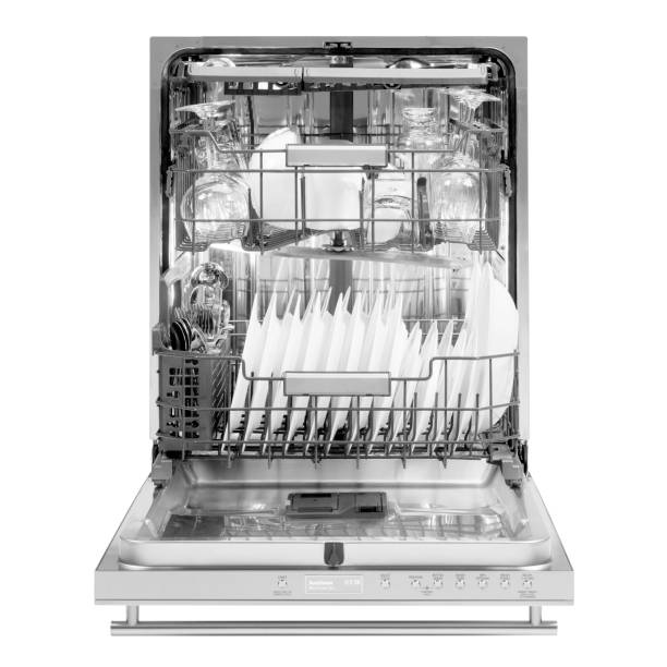 Open Dishwasher Isolated on White.  Modern Stainless Steel Fully Integrated Dishwasher Range Machine Front View. Built-In Domestic and Kitchen Major Appliances Open Dishwasher Isolated on White.  Modern Stainless Steel Fully Integrated Dishwasher Range Machine Front View. Built-In Domestic and Kitchen Major Appliances dishwasher stock pictures, royalty-free photos & images