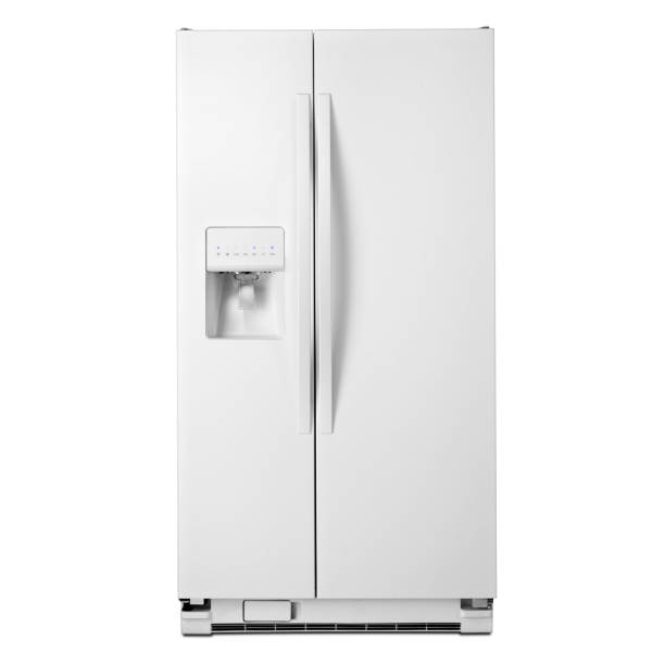 Double Door Refrigerator Isolated on White Background. Front View of White Side by Side American-Style Full Frost Free Fridge Freezer. Kitchen and Domestic Major Appliances