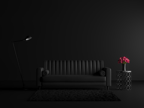 Minimal style black living room with vinatage sofa 3d render.decorated with black carpets, metal tables, industrial style lamps and red flowers in vase.
