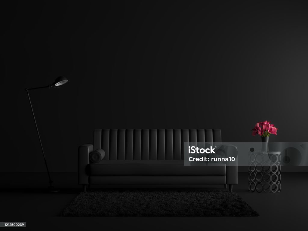 Minimal style black living room with vinatage sofa 3d render Minimal style black living room with vinatage sofa 3d render.decorated with black carpets, metal tables, industrial style lamps and red flowers in vase. Black Color Stock Photo