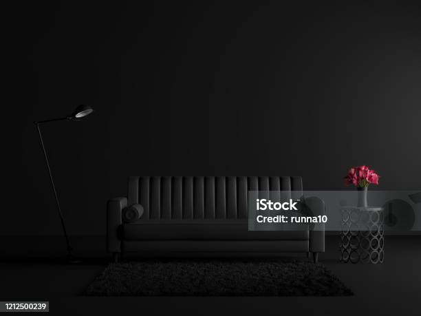 Minimal Style Black Living Room With Vinatage Sofa 3d Render Stock Photo - Download Image Now