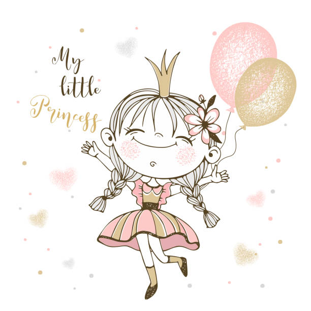 ilustrações, clipart, desenhos animados e ícones de linda princesinha com balões. ilustração vetorial. - fairy cartoon baby girls little girls