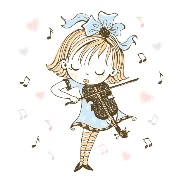 Vector illustration of A cute little girl plays the violin. Vector