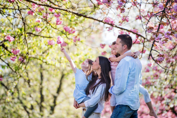 istock Young parents with small daugthers standing outside in spring nature. 1212505922