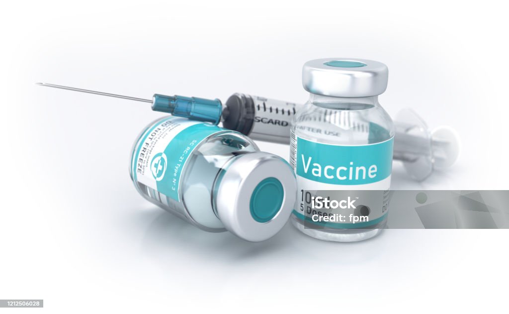 Syringe with Vials of Vaccine isolated on White Syringe and vials filled with vaccine. Isolated on pure white. Vaccination Stock Photo