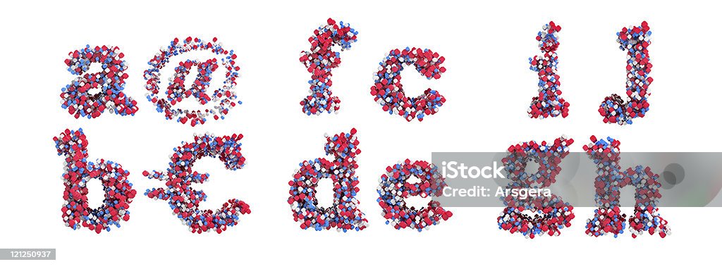 Abstract 3D font small A-J letters and symbols 3D font small A-J letters Alphabet Stock Photo