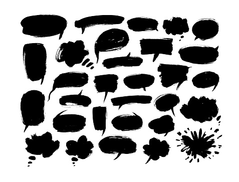 Black paint speech bubbles vector illustrations set. Hand drawn empty thought and text clouds isolated on white background. Different Ink brush comic messages, grungy design elements collection