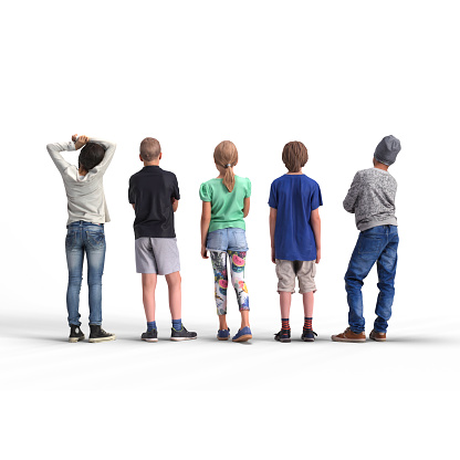 Back view of standing children. Illustration on white background, 3d rendering isolated.