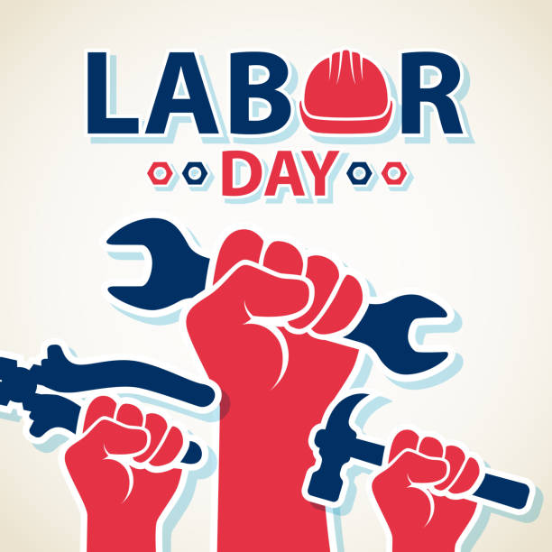 Celebrating Labor Day Celebrating the Labor Day with hands holding wrench, hammer, and piler showing the right of labor, together with the typography contains a work helmet hand wrench stock illustrations